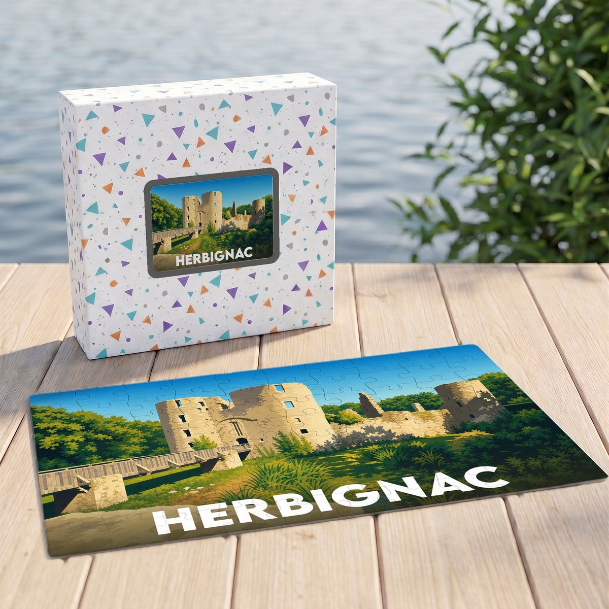 Puzzle souvenir de la ville d'Herbignac illustrant les ruines de son château médiéval.