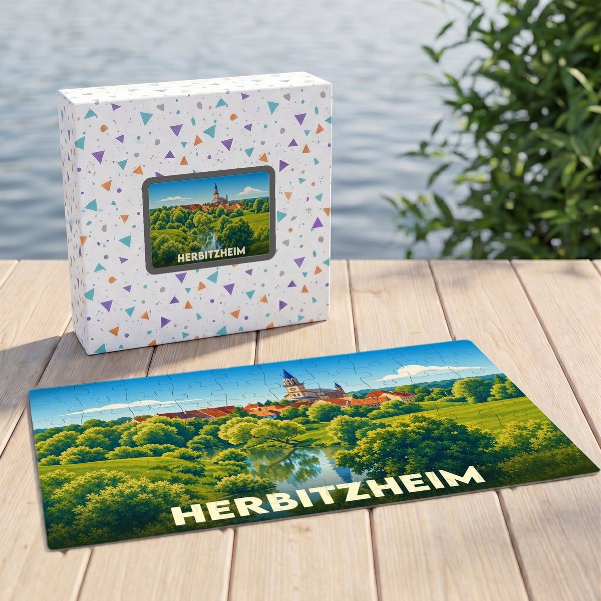 Puzzle souvenir de la ville de Herbitzheim avec une illustration colorée de son paysage urbain et de sa nature environnante.