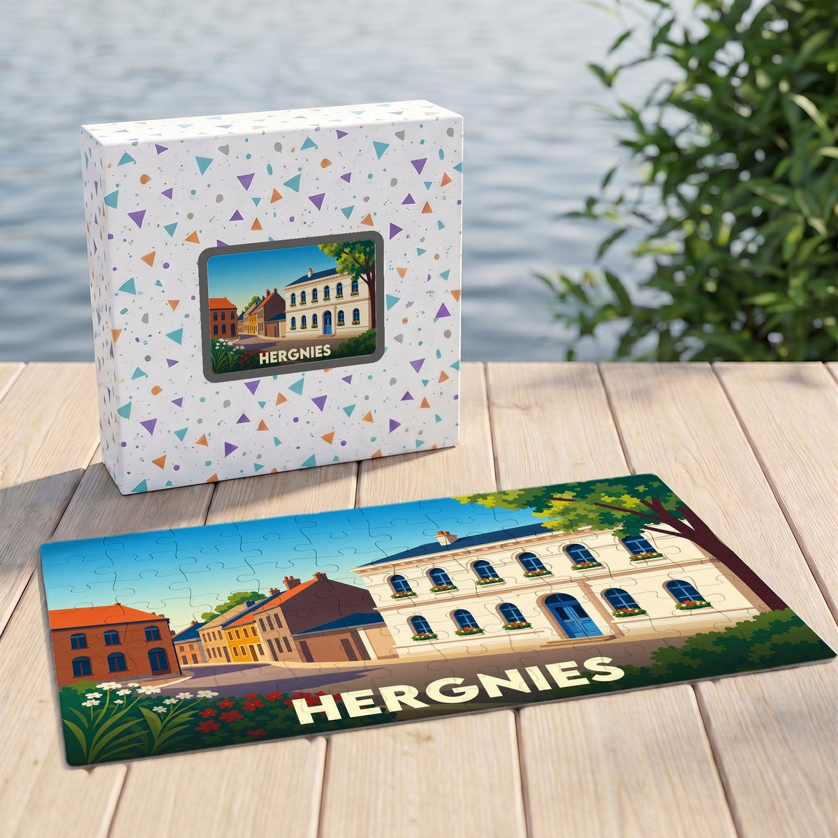 Puzzle souvenir de la ville de Hergnies avec une illustration stylisée et colorée.