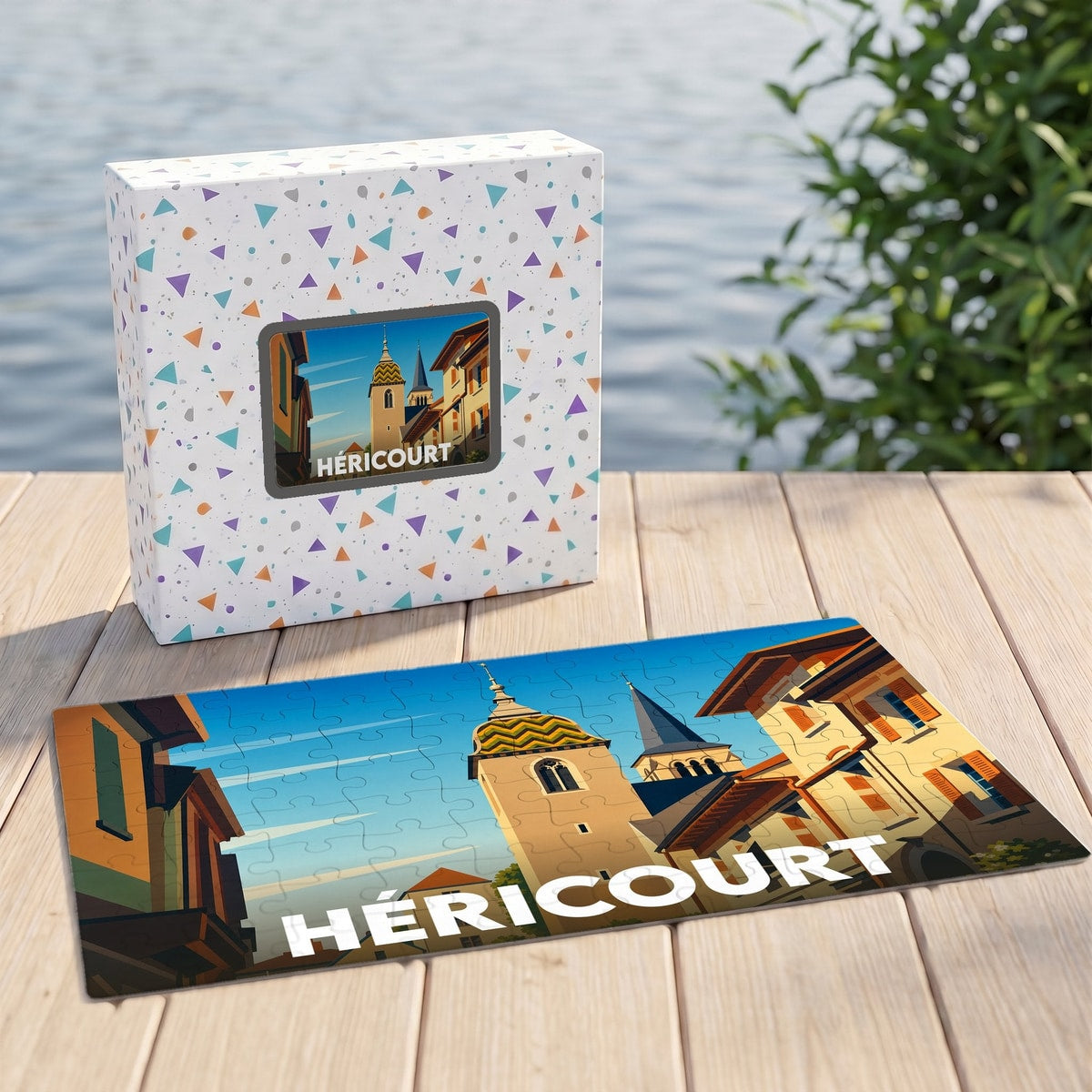 Puzzle souvenir de la ville d'Héricourt avec une illustration colorée et stylisée d'un paysage urbain historique.