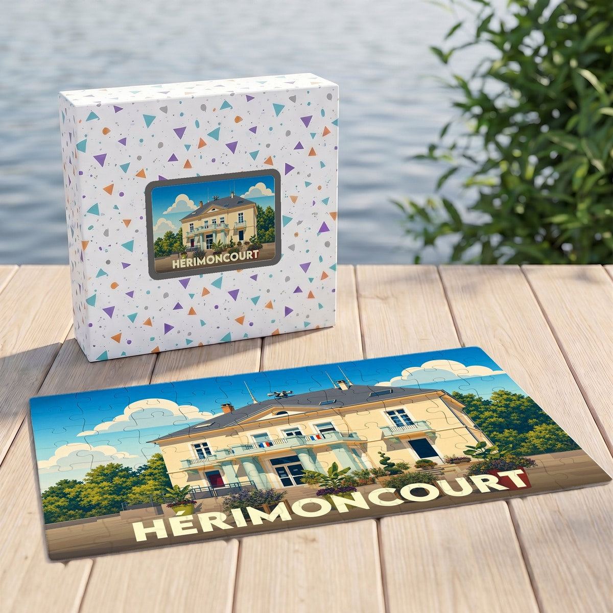 Puzzle souvenir de la ville d'Hérimoncourt avec une illustration stylisée de sa mairie.