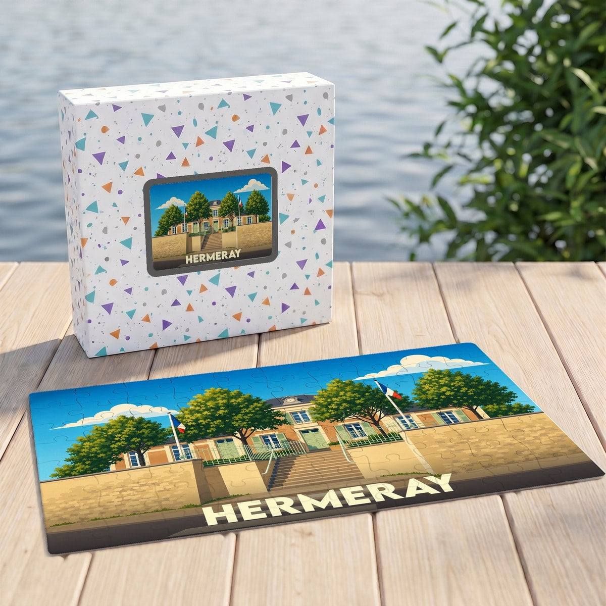 Puzzle souvenir de la ville de Hermeray avec une illustration stylisée de sa mairie.