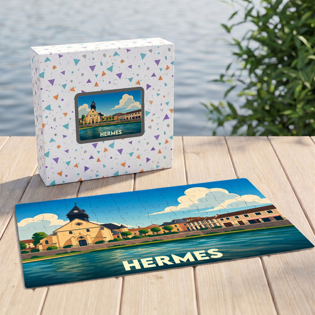 Puzzle souvenir de la ville de Hermes avec une illustration stylisée d'un paysage urbain au bord de l'eau.
