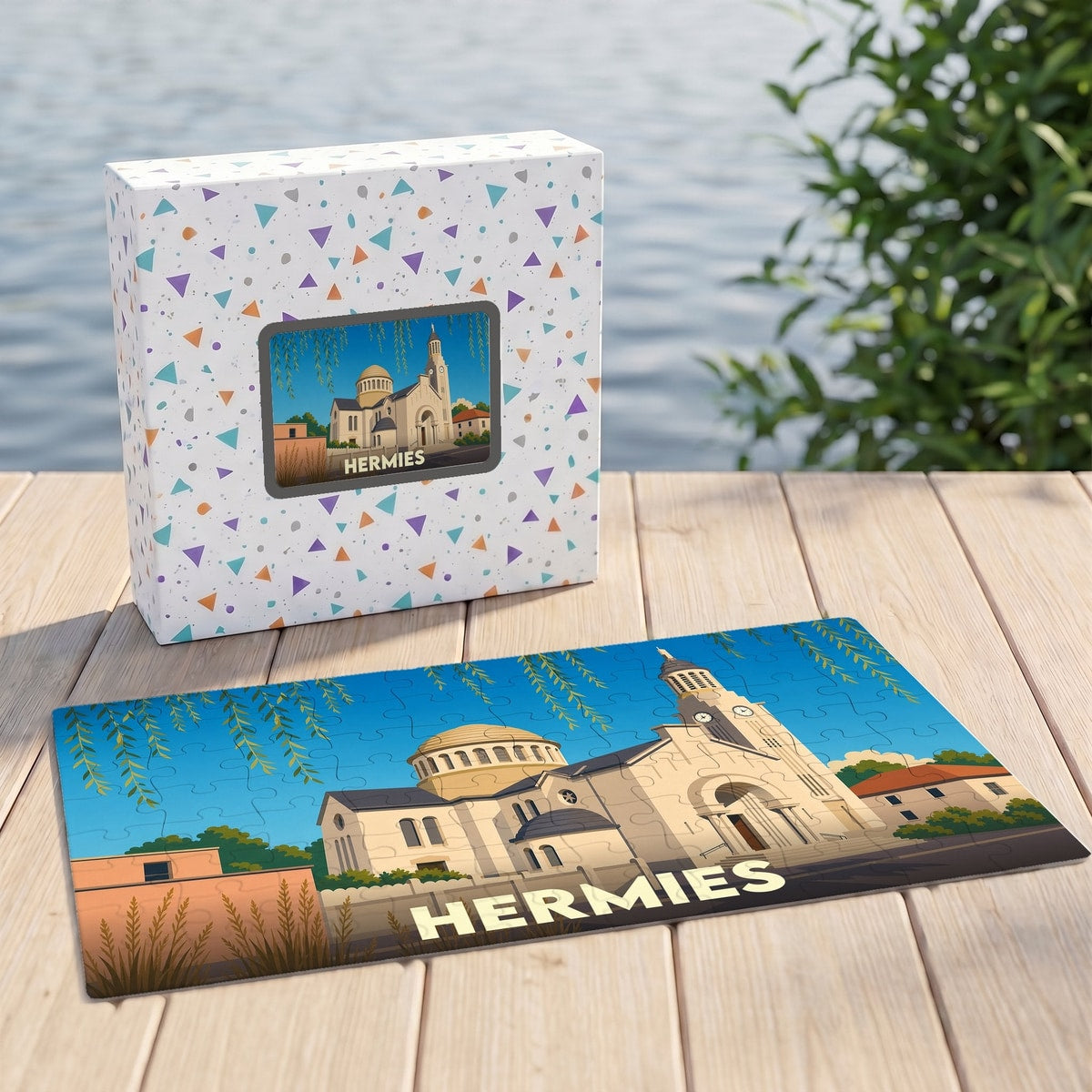 Puzzle souvenir de la ville de Hermies avec une illustration stylisée de son église.