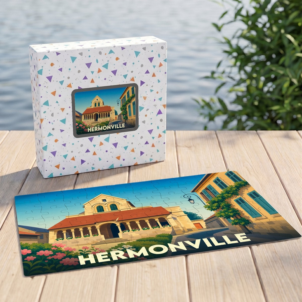 Puzzle souvenir de la ville de Hermonville avec une illustration stylisée et colorée.