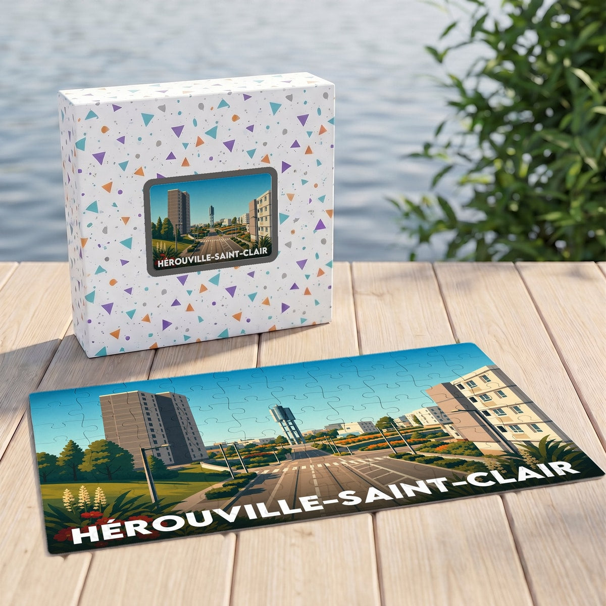 Puzzle souvenir de la ville de Hérouville-Saint-Clair avec une illustration stylisée de son paysage urbain.