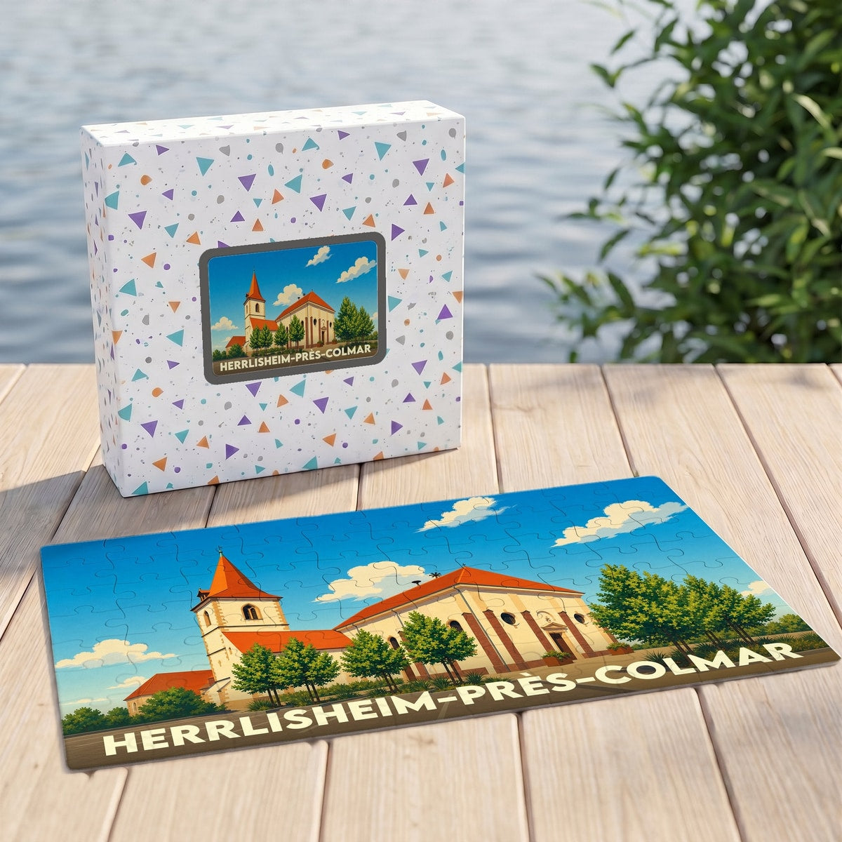 Puzzle souvenir de la ville de Herrlisheim-près-Colmar avec une illustration stylisée de son église.