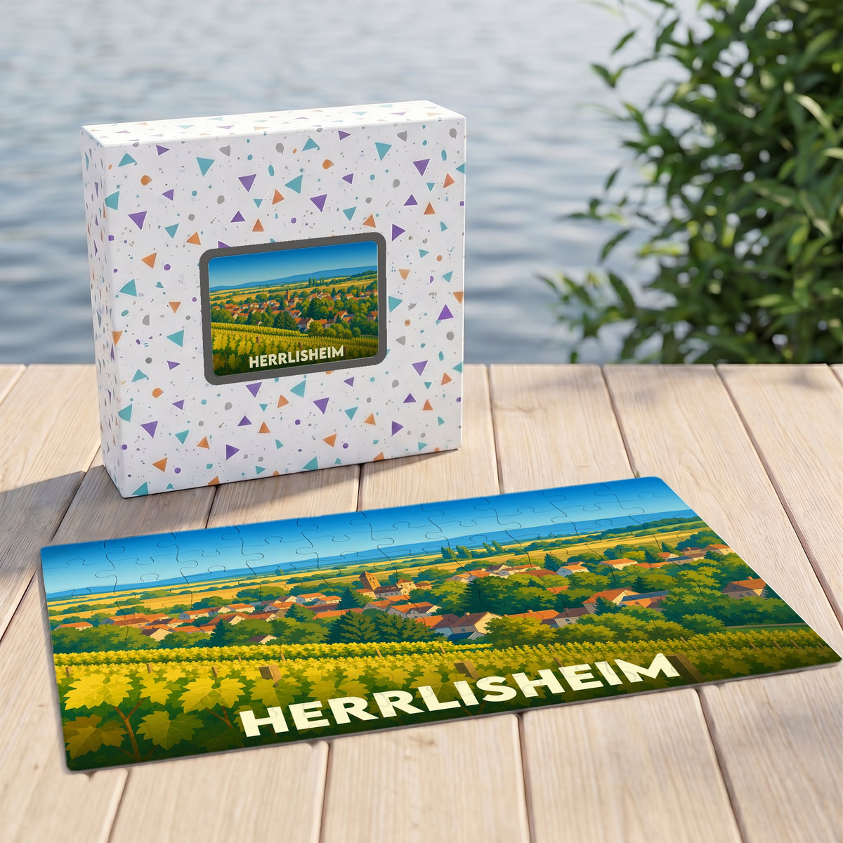 Puzzle souvenir de la ville de Herrlisheim avec une illustration stylisée de son paysage de vignobles.