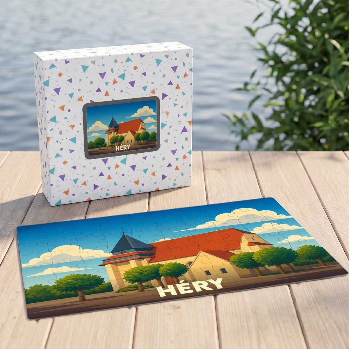 Puzzle souvenir de la ville de Héry avec une illustration stylisée d'une église sous un ciel nuageux.