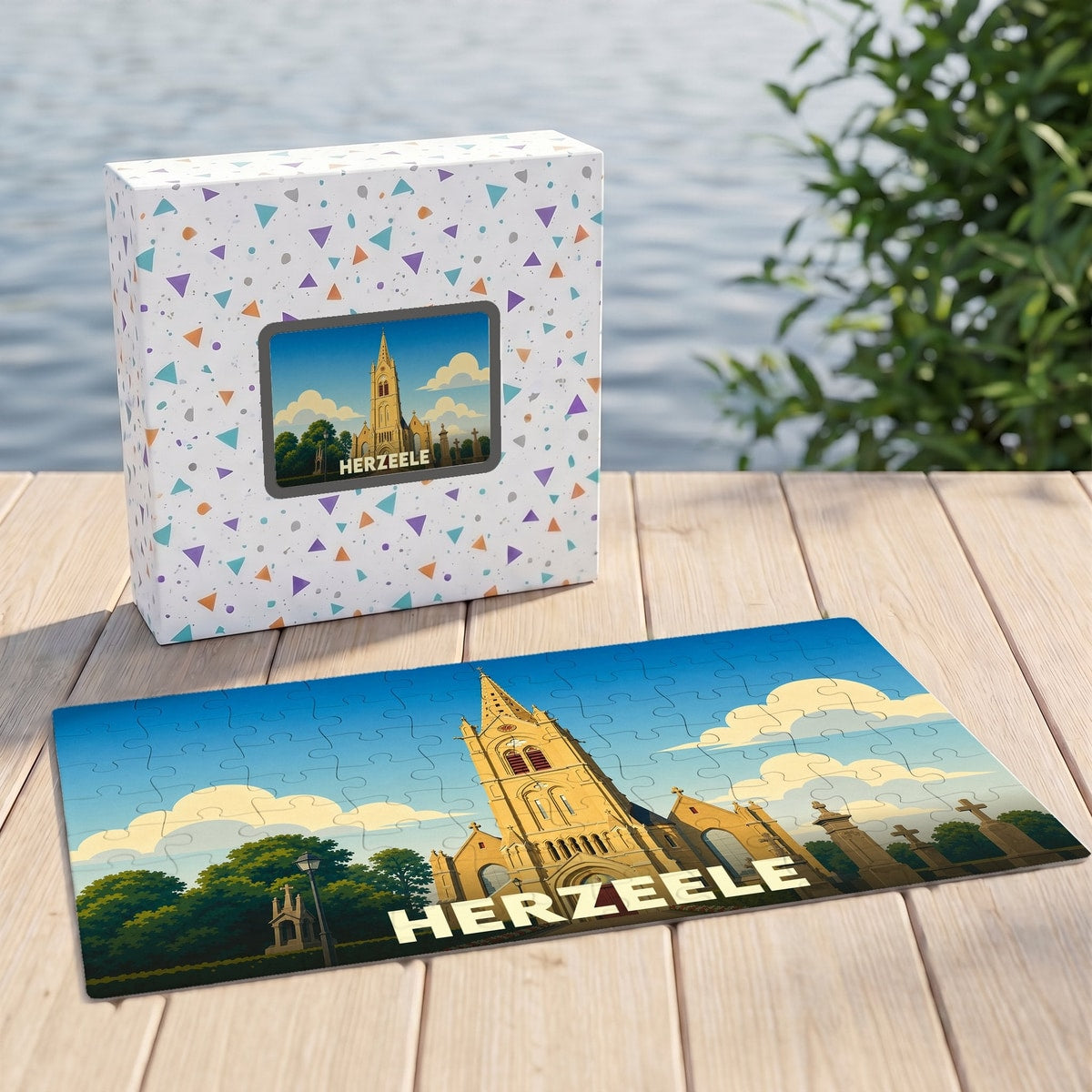 Puzzle souvenir de la ville d'Herzeele avec une illustration stylisée d'une église.