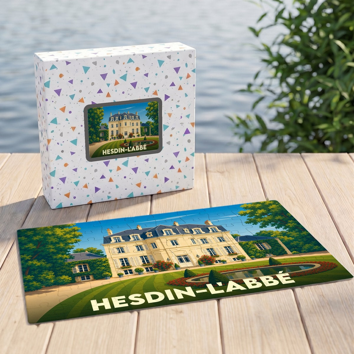Puzzle souvenir de la ville de Hesdin-l'Abbé représentant une illustration stylisée d'un château.