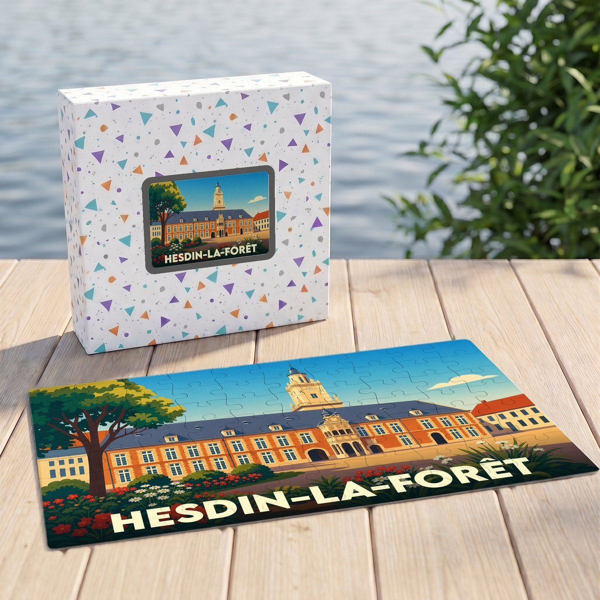 Puzzle souvenir de la ville de Hesdin-la-Forêt illustré d'un bâtiment historique stylisé, présenté avec sa boîte assortie.