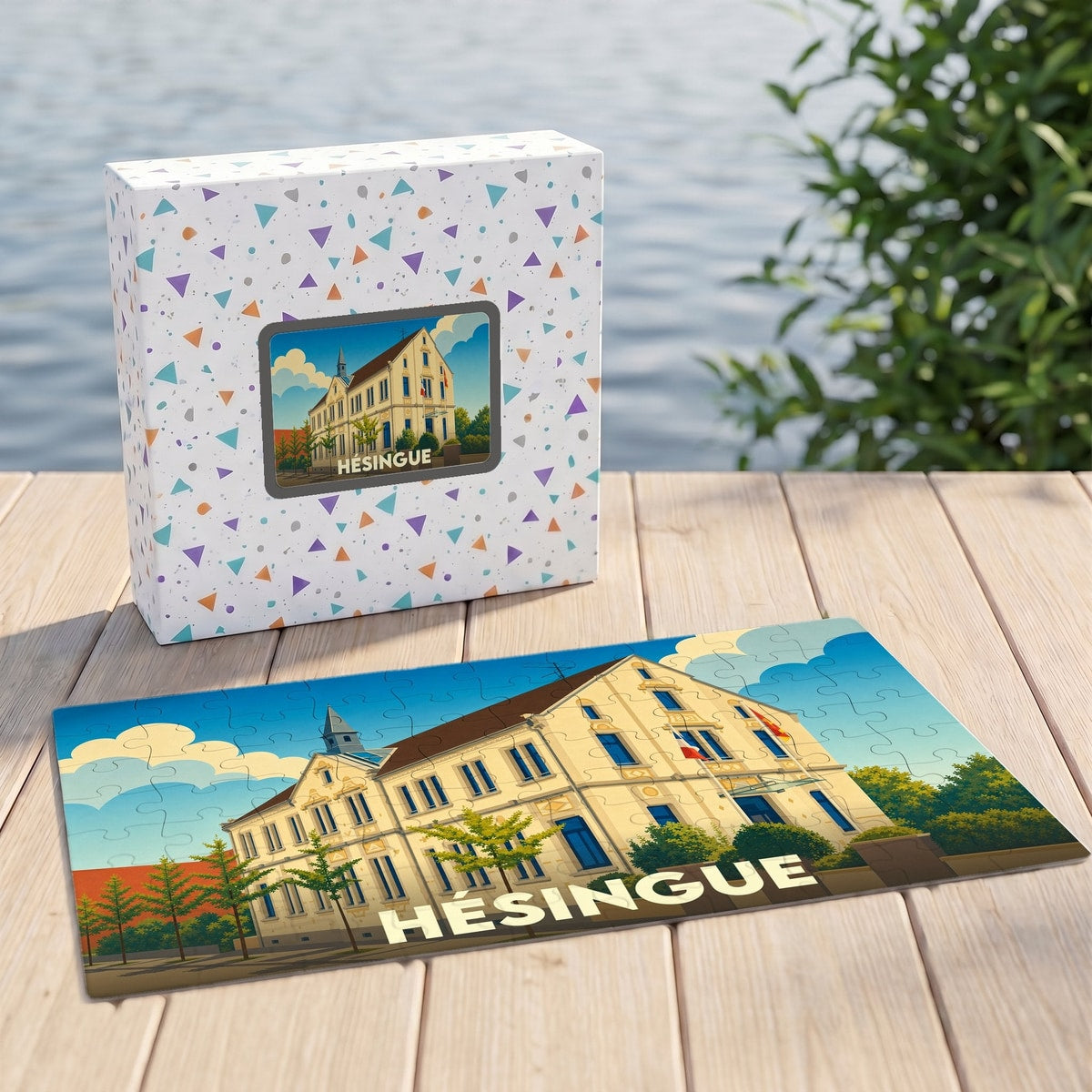 Puzzle souvenir de la ville de Hésingue avec une illustration stylisée d'un bâtiment emblématique.