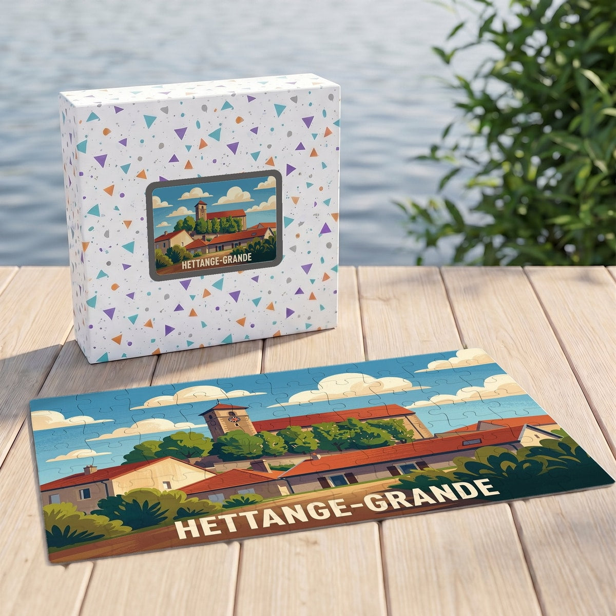 Puzzle souvenir de la ville de Hettange-Grande avec une illustration stylisée et colorée.