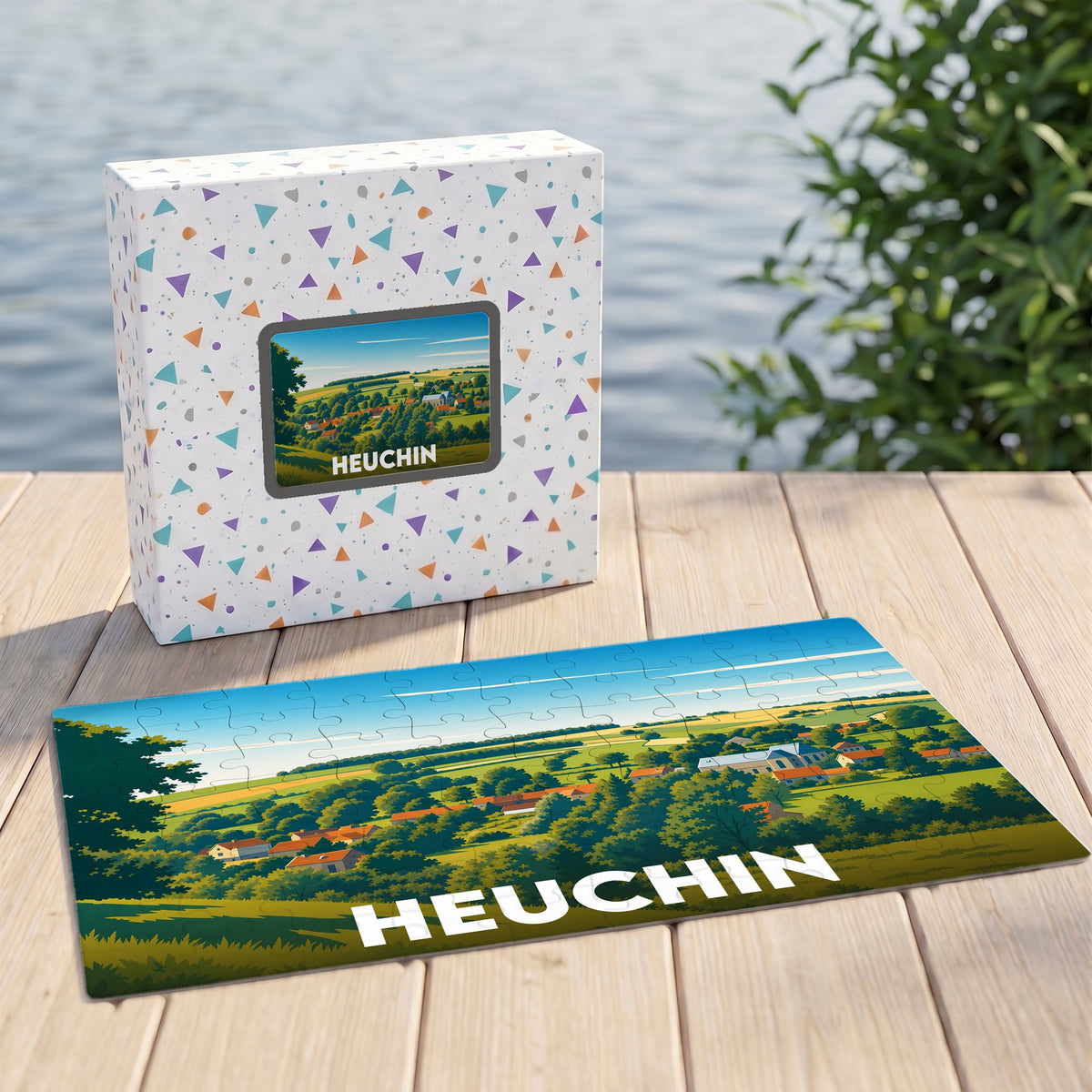 Puzzle souvenir de la ville de Heuchin représentant un paysage rural illustré dans un style coloré.