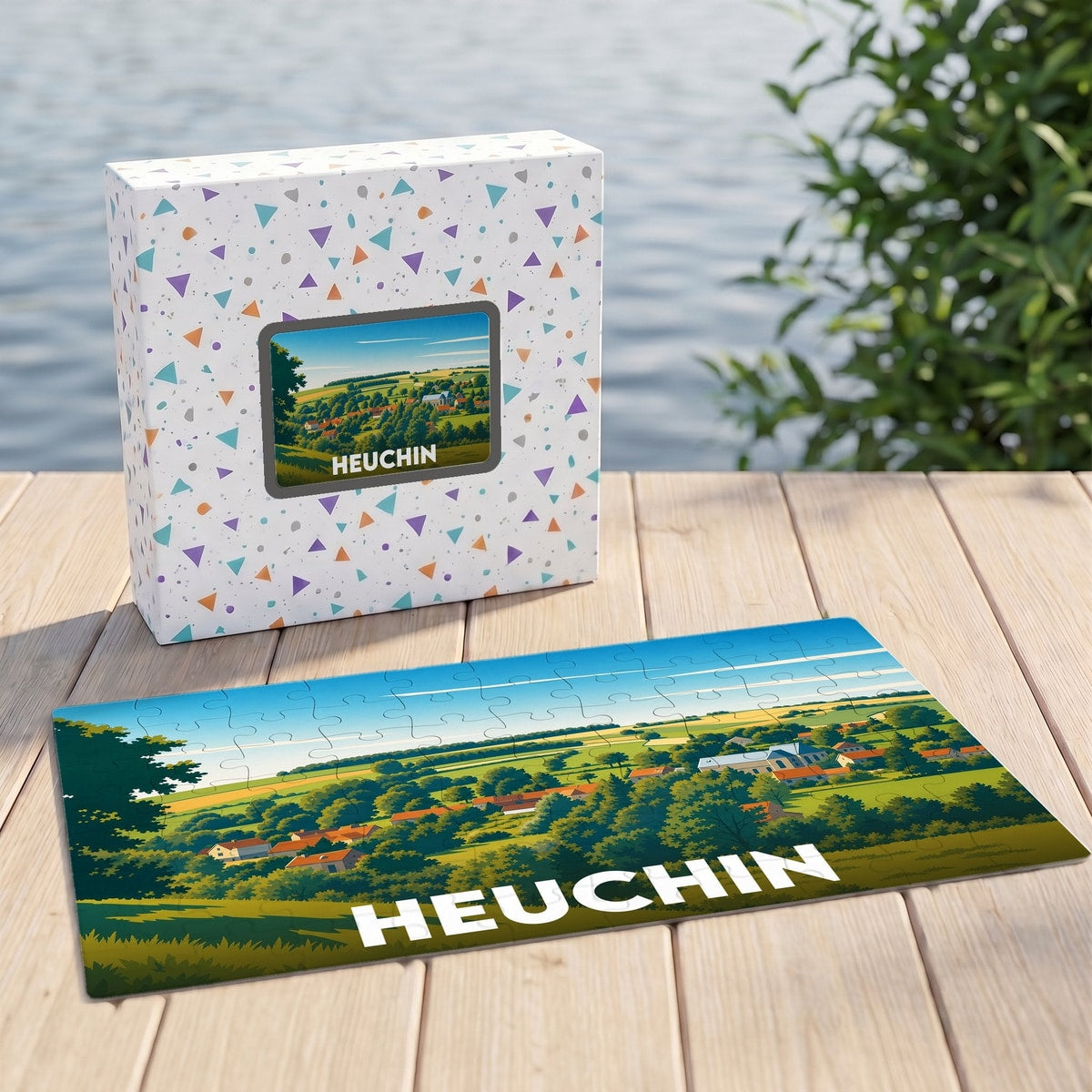 Puzzle souvenir de la ville de Heuchin représentant un paysage rural illustré dans un style coloré.