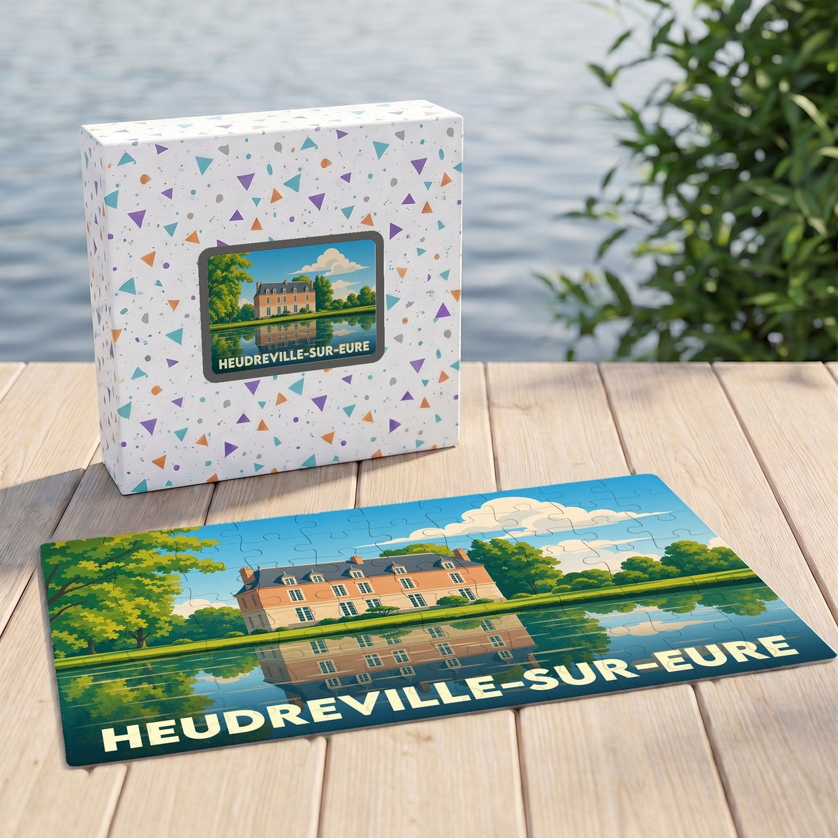 Puzzle souvenir de la ville de Heudreville-sur-Eure avec une illustration stylisée d'un château au bord de l'eau.