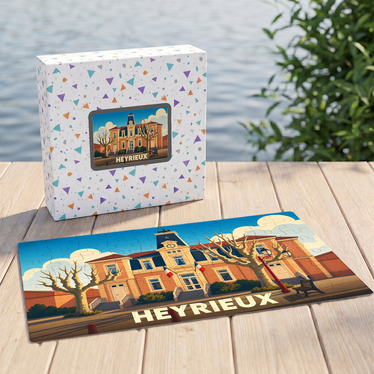 Puzzle souvenir de la ville de Heyrieux avec une illustration stylisée de son hôtel de ville.