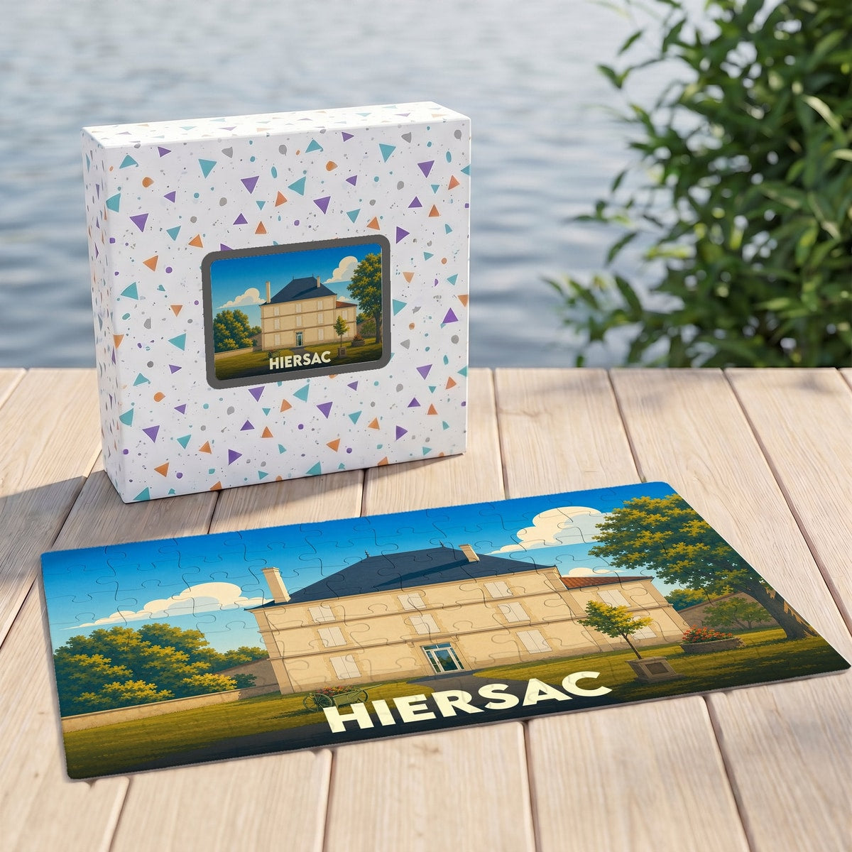 Puzzle souvenir de la ville de Hiersac avec une illustration stylisée d'une grande demeure ancienne.