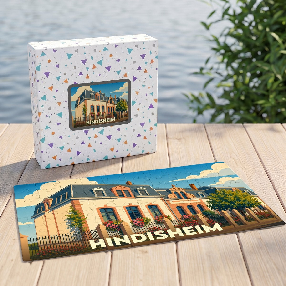 Puzzle souvenir de la ville de Hindisheim représentant une bâtisse alsacienne avec une illustration stylisée.