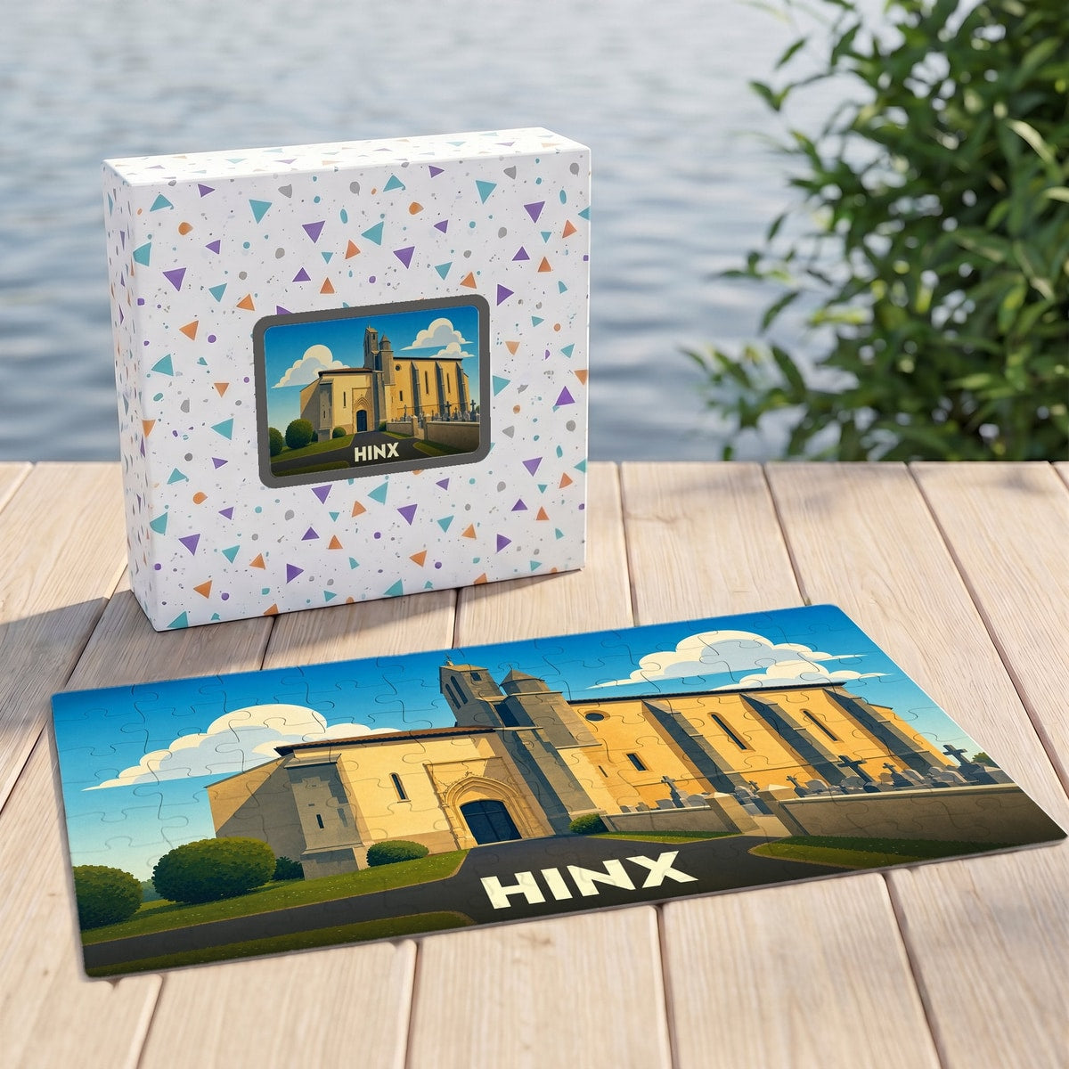 Puzzle souvenir de la ville de Hinx avec une illustration stylisée de son église.