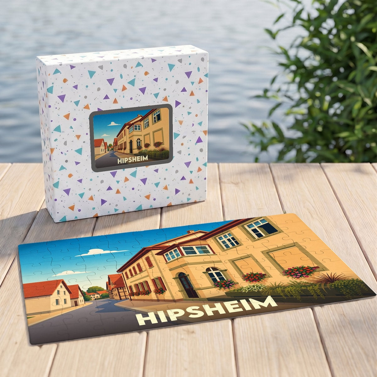 Puzzle souvenir de la ville de Hipsheim avec une illustration stylisée d'une rue alsacienne.