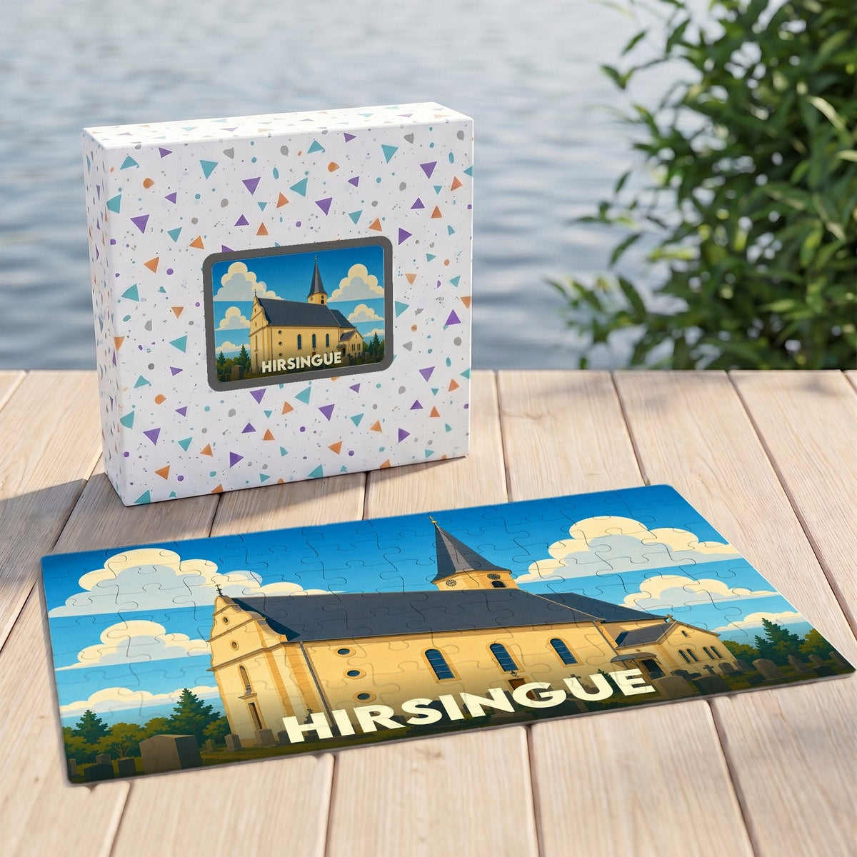 Puzzle souvenir de la ville de Hirsingue illustrant son église dans un style graphique épuré.