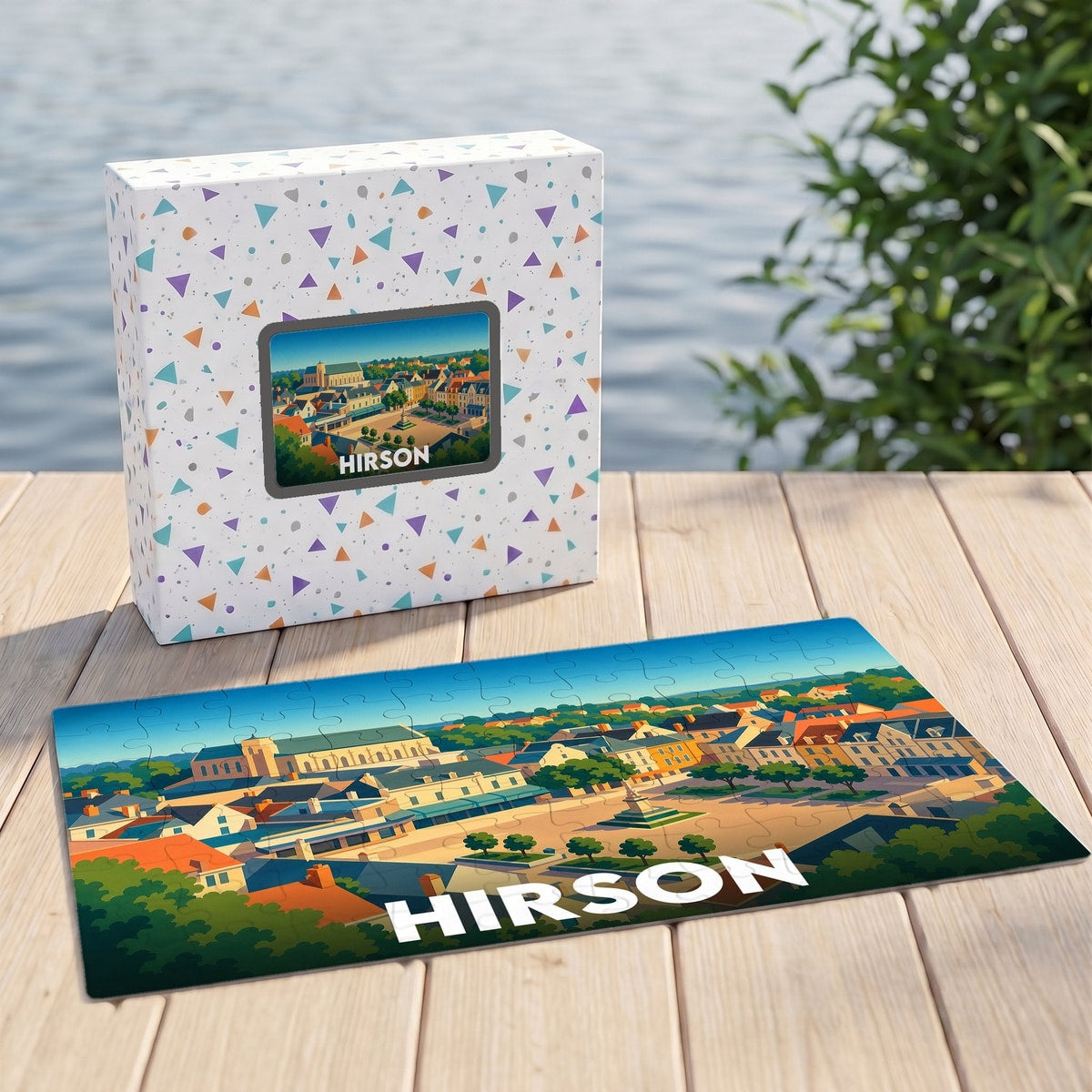 Puzzle souvenir de la ville de Hirson avec une illustration stylisée et colorée, accompagné de sa boîte assortie.