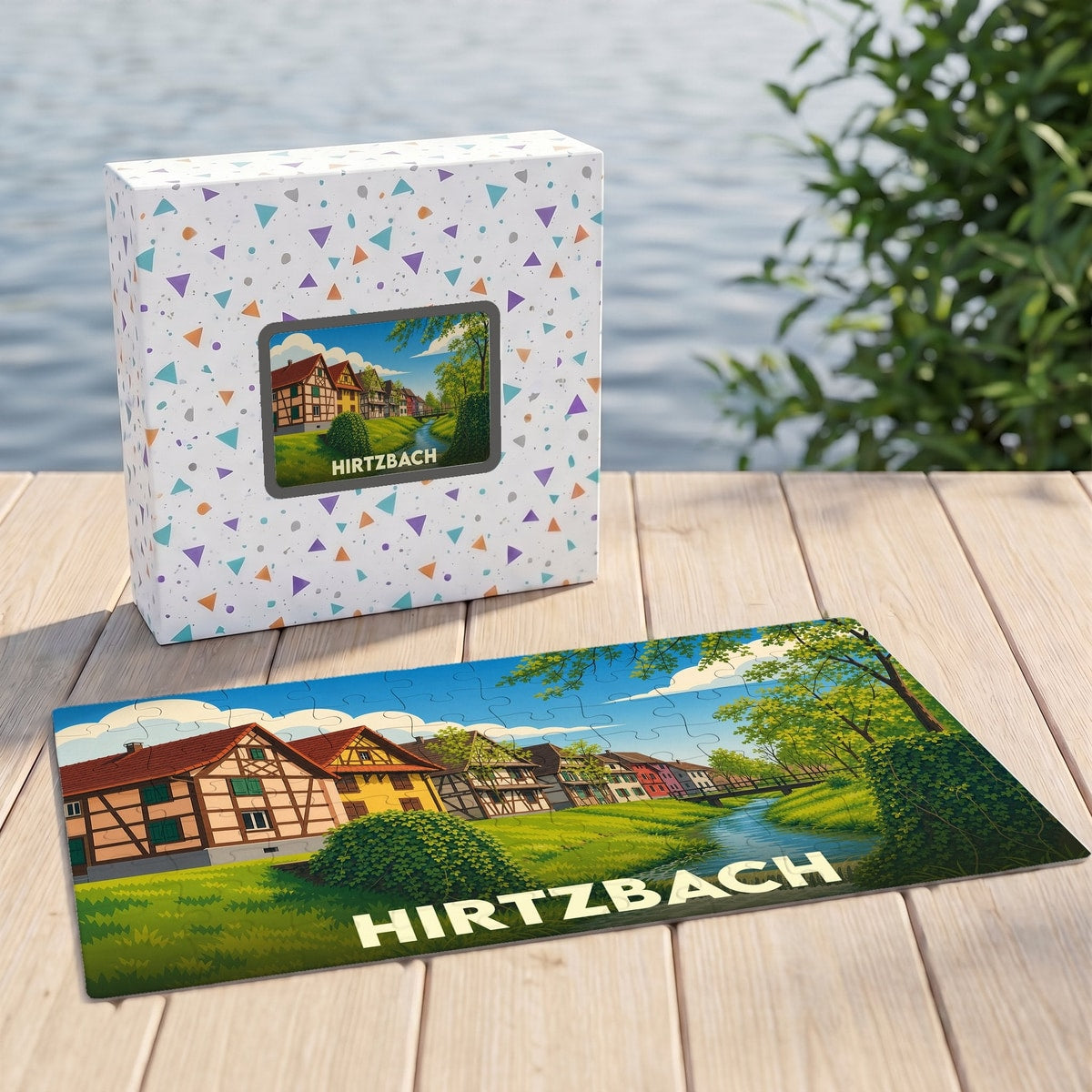 Puzzle souvenir de la ville de Hirtzbach illustrant ses maisons à colombages au bord de l'eau.