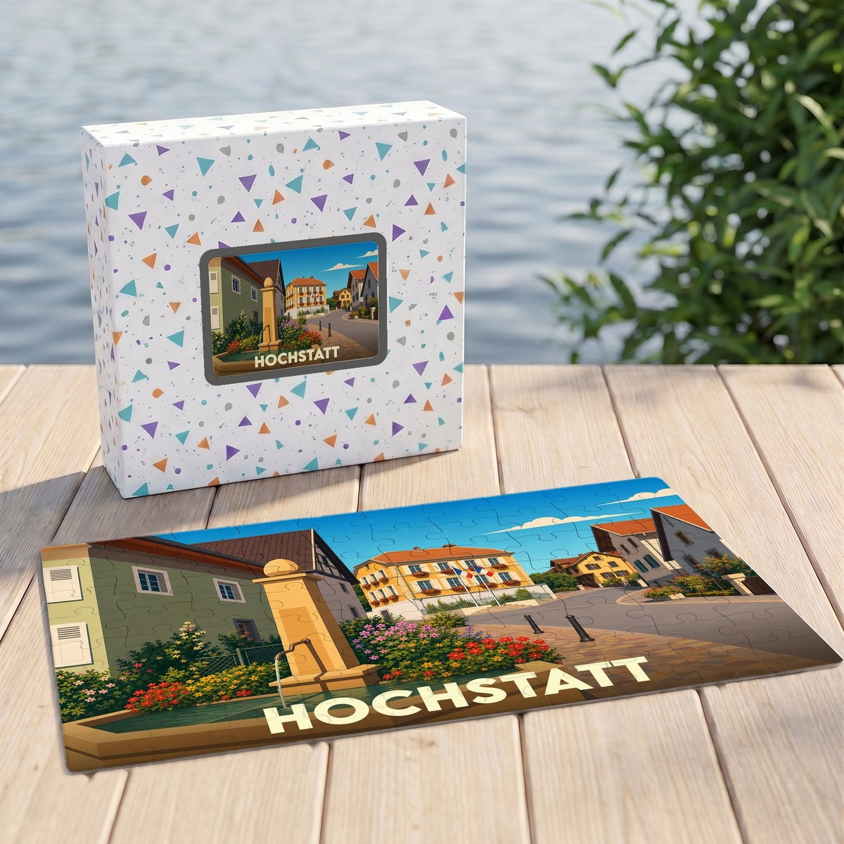 Puzzle souvenir de la ville de Hochstatt avec une illustration stylisée d'une place de village.