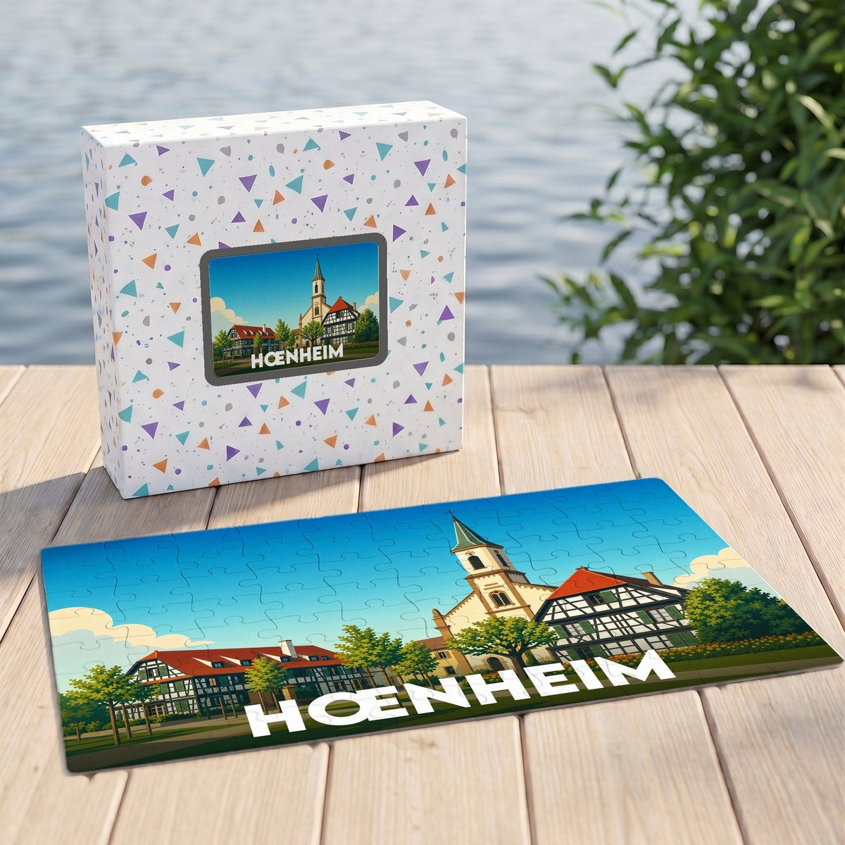Puzzle souvenir de la ville de Hœnheim avec une illustration stylisée d'une église et de maisons à colombages.