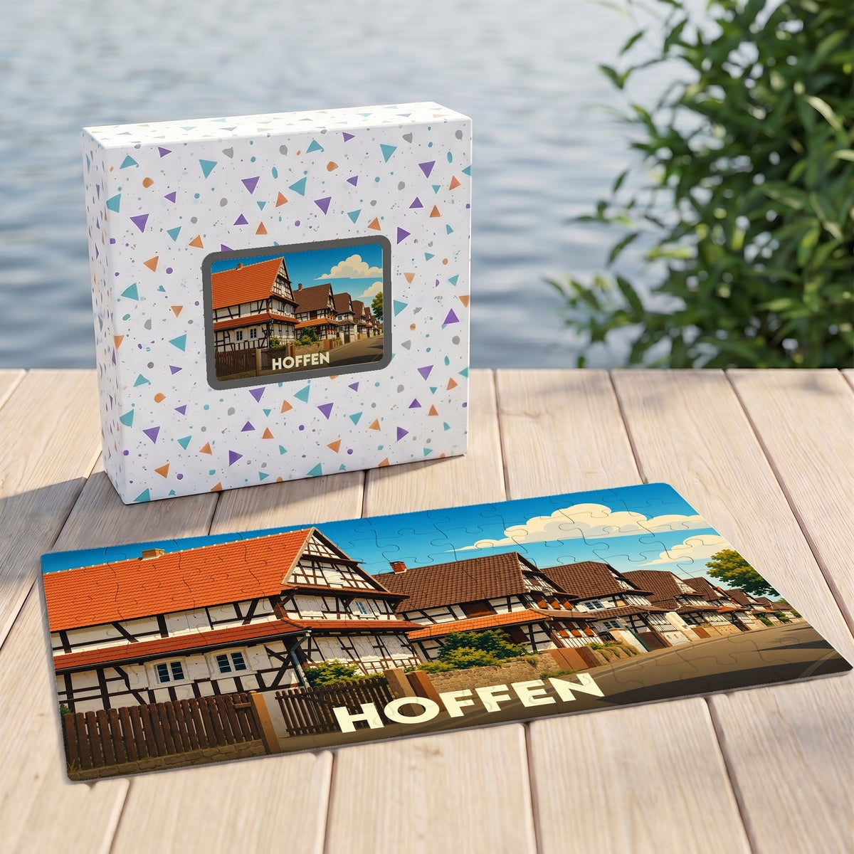 Puzzle souvenir de la ville de Hoffen avec une illustration de maisons à colombages.