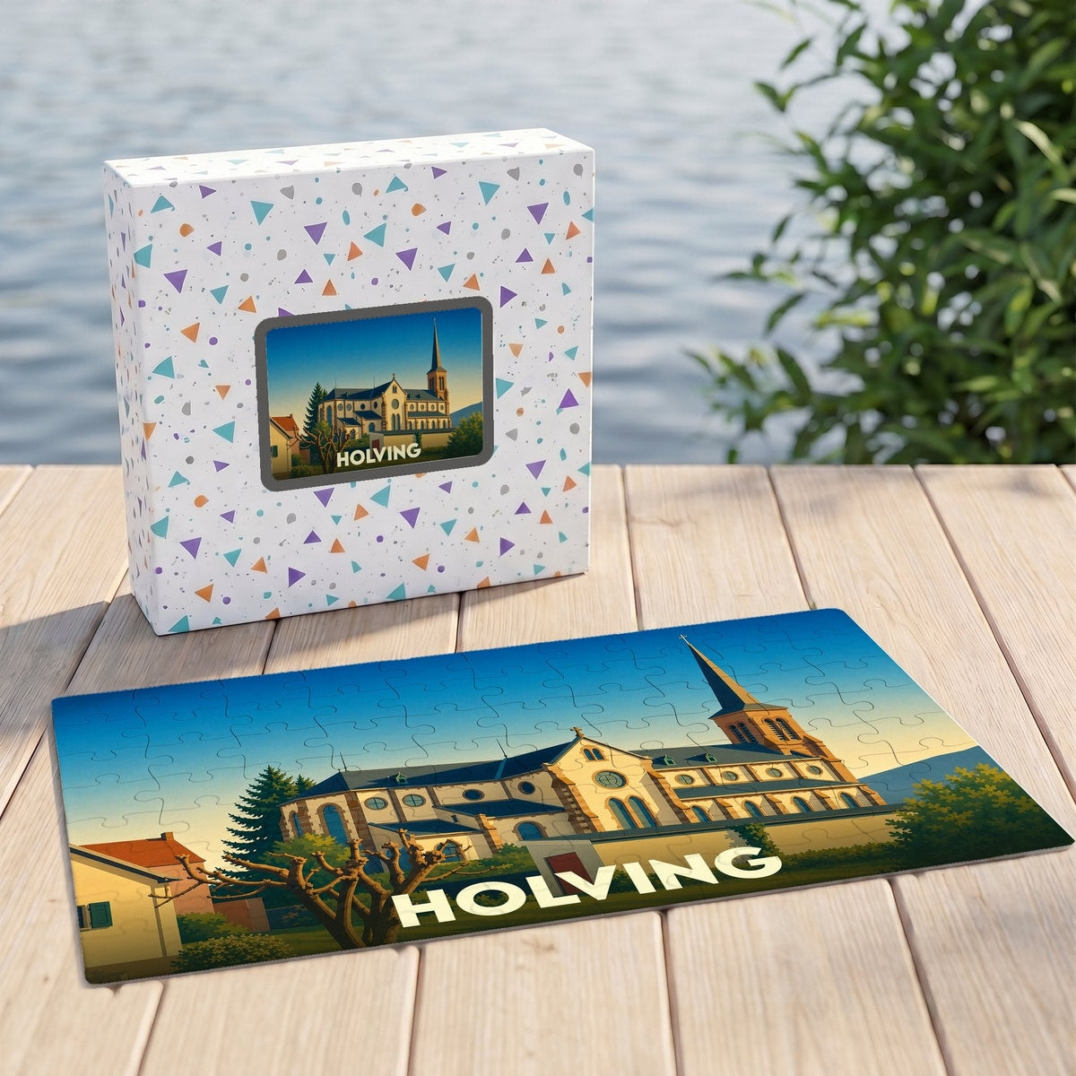 Puzzle souvenir de la ville de Holving avec une illustration stylisée de son église.