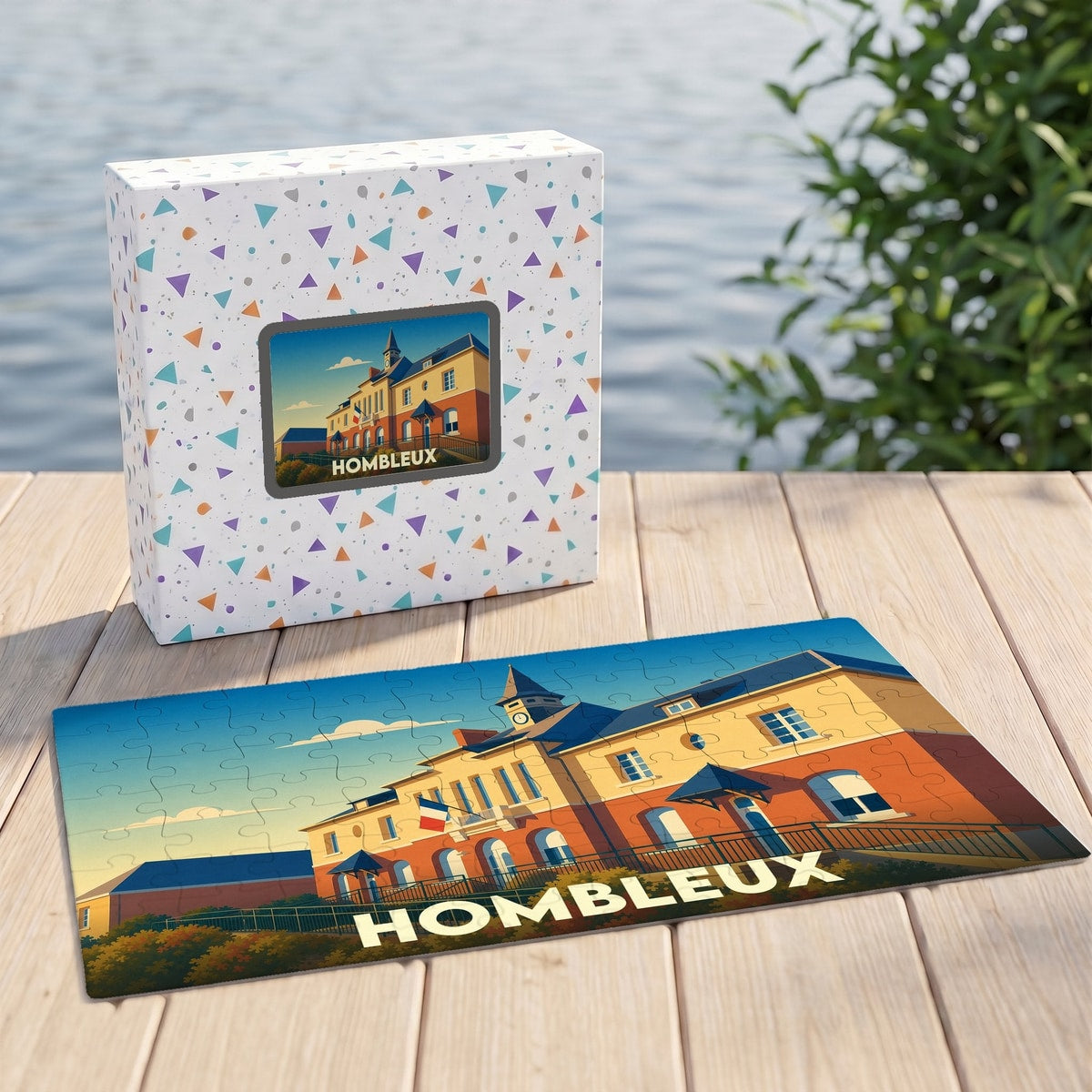 Puzzle souvenir de la ville de Hombleux avec une illustration stylisée d'un bâtiment emblématique.