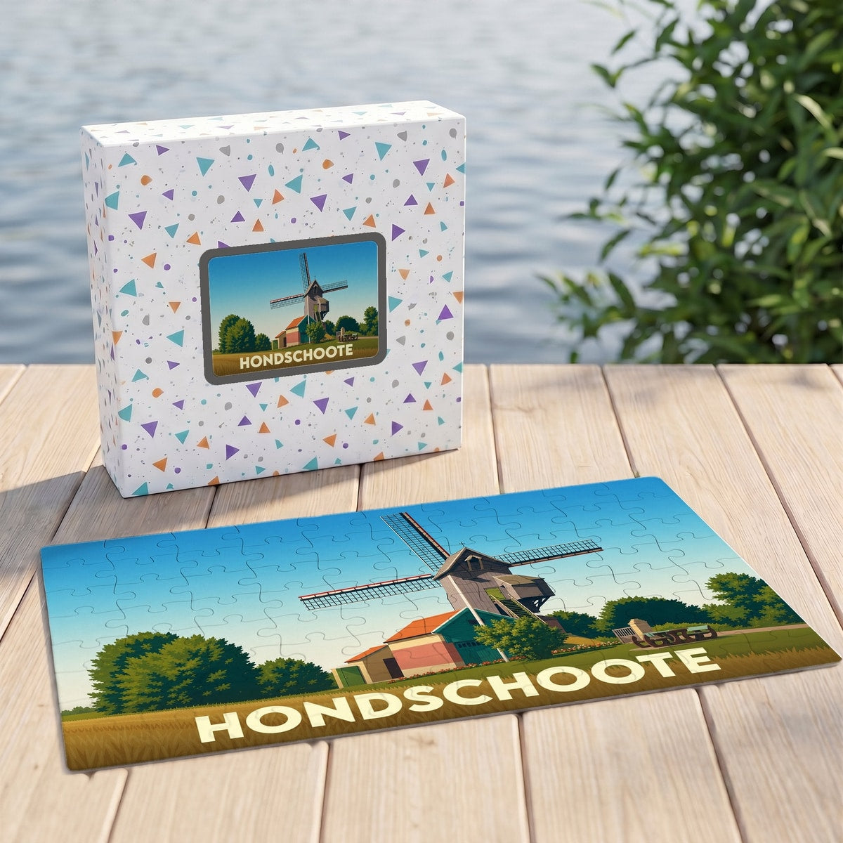 Puzzle souvenir de la ville de Hondschoote illustré par un moulin à vent stylisé.