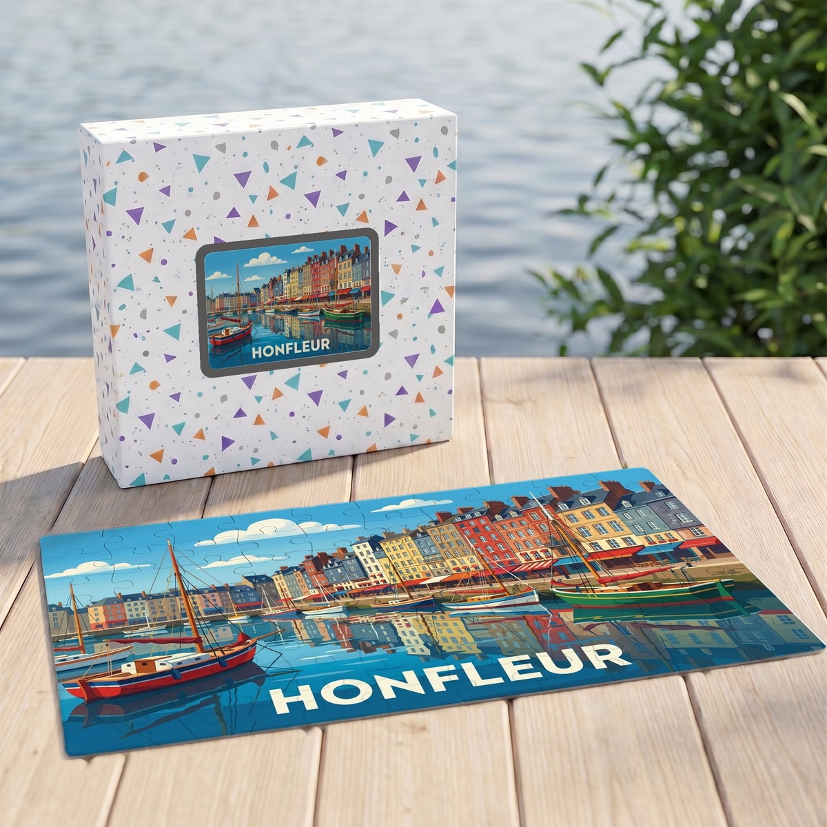 Puzzle souvenir de la ville de Honfleur avec une illustration stylisée de son port coloré.