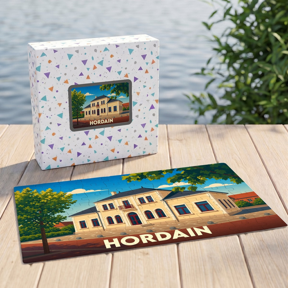 Puzzle souvenir de la ville de Hordain avec une illustration stylisée d'un bâtiment historique.