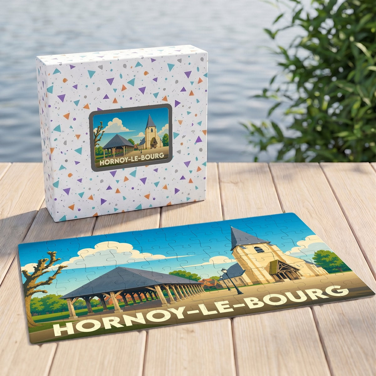 Puzzle souvenir de la ville de Hornoy-le-Bourg avec une illustration stylisée.