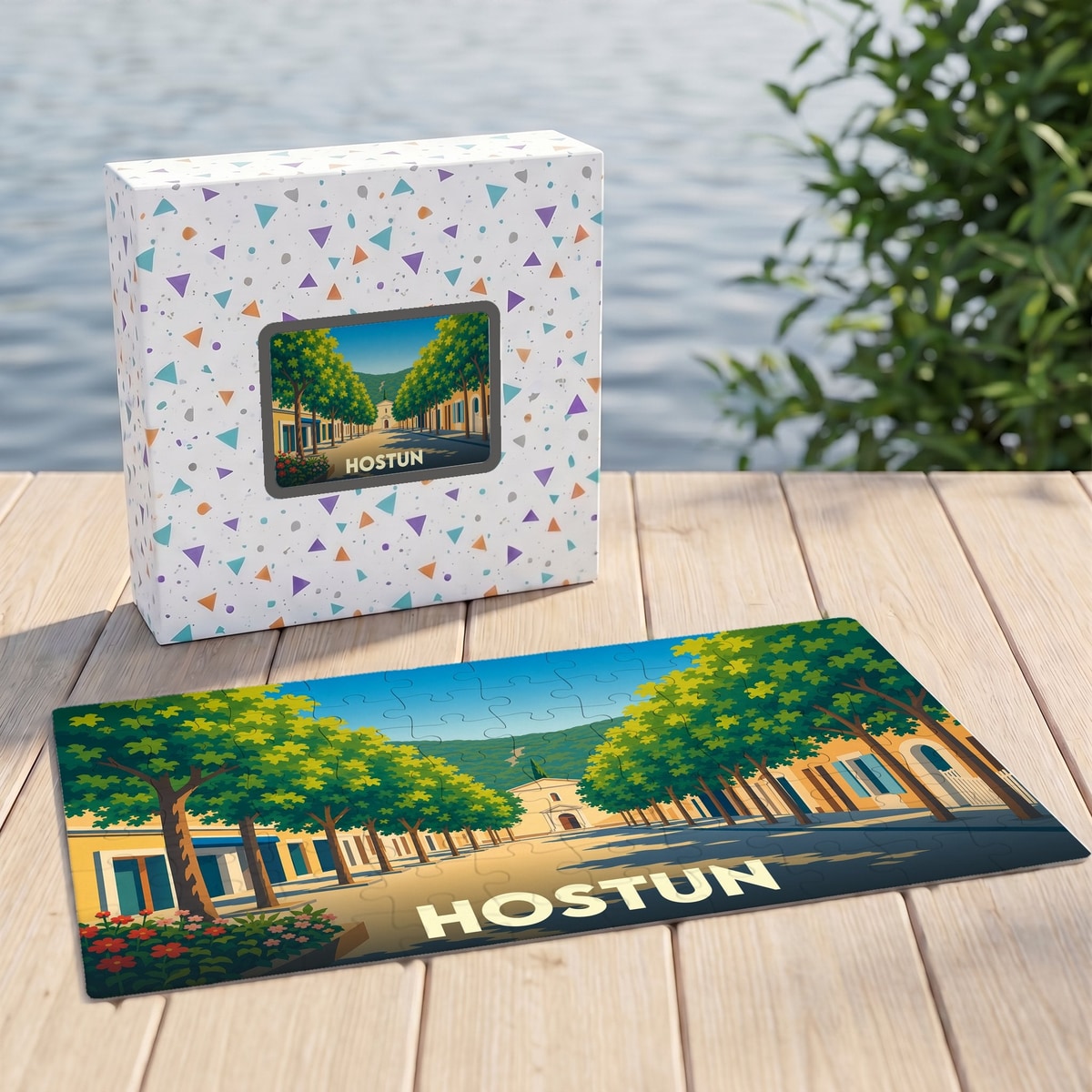 Puzzle souvenir de la ville de Hostun avec une illustration stylisée.