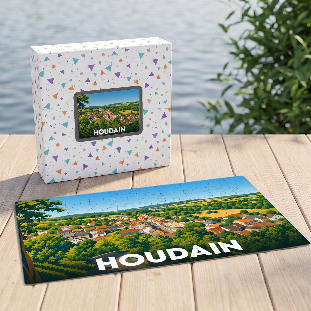 Puzzle souvenir de la ville de Houdain avec une illustration panoramique stylisée.