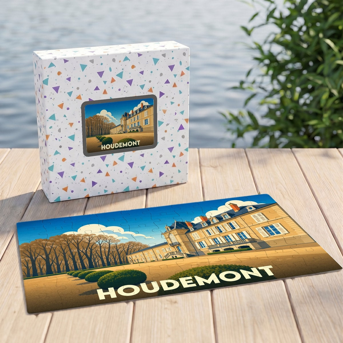 Puzzle souvenir de la ville de Houdemont illustrant son château dans un style graphique épuré.