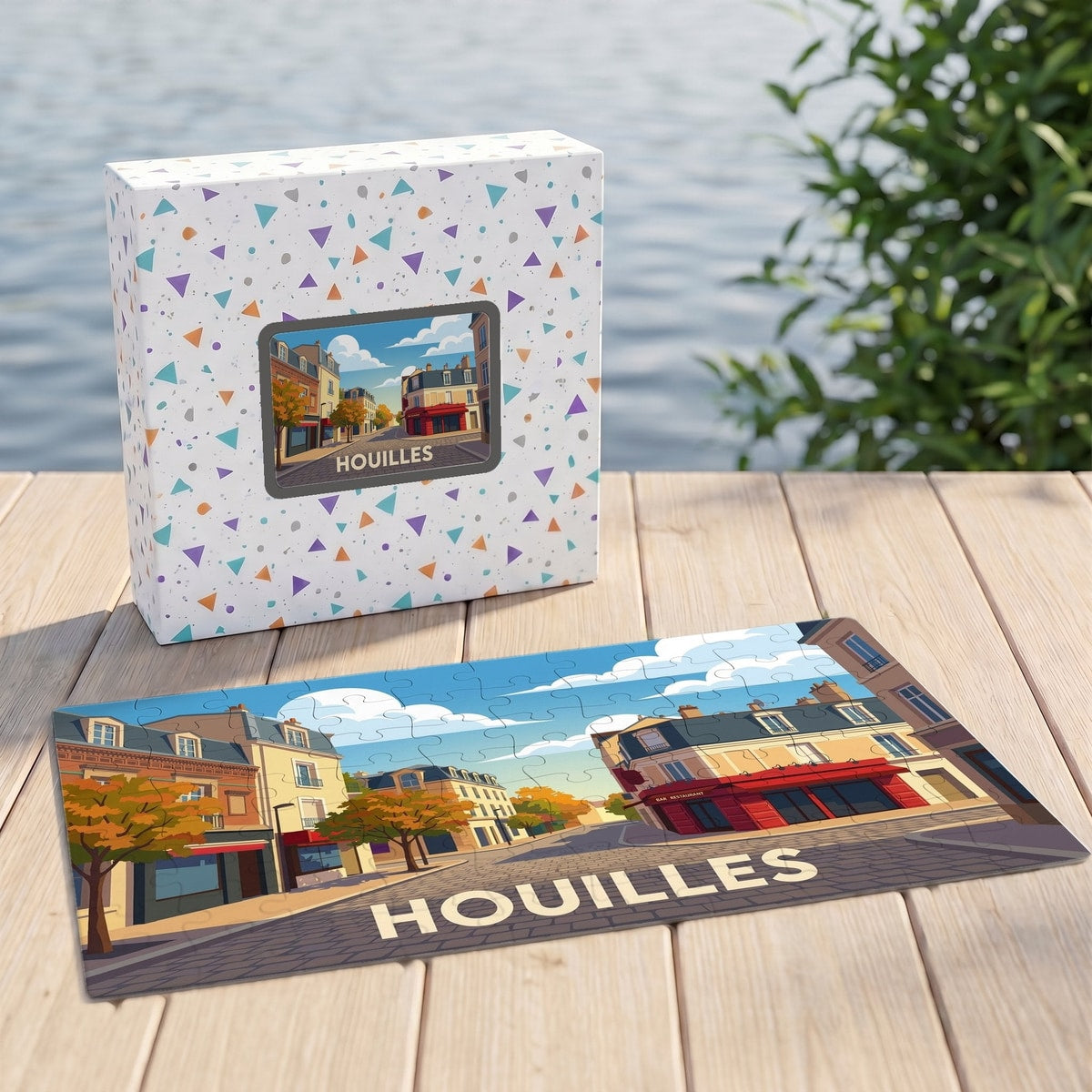 Puzzle souvenir de la ville de Houilles avec une illustration stylisée d'une rue pavée.