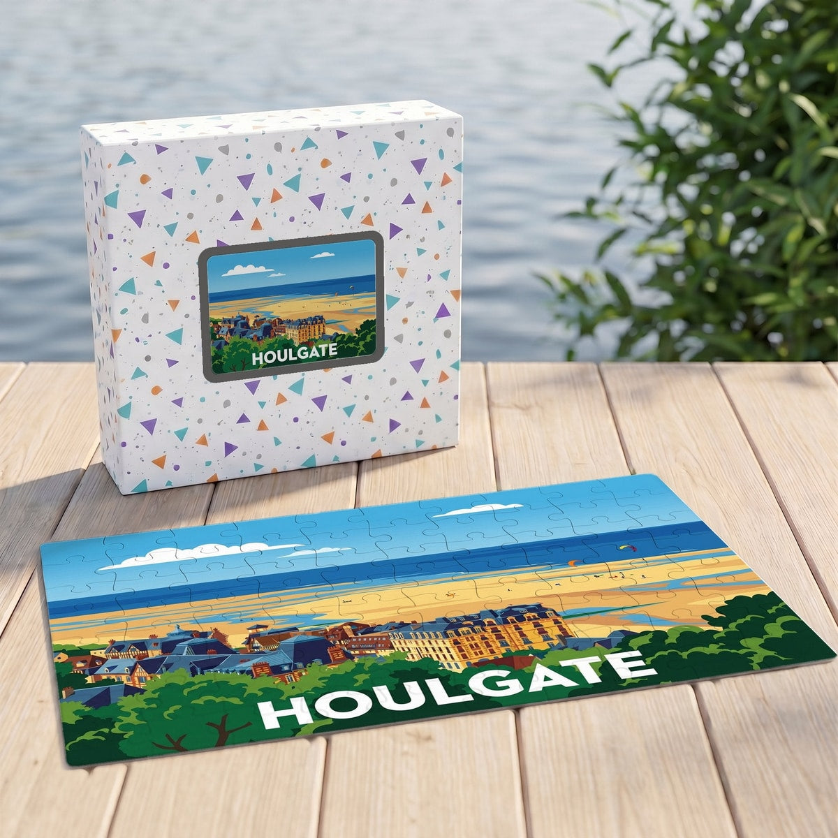 Puzzle souvenir de la ville de Houlgate avec une illustration stylisée du front de mer.