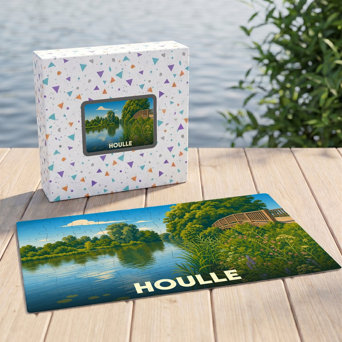 Puzzle souvenir de la ville de Houlle avec une illustration stylisée d'un paysage de rivière.