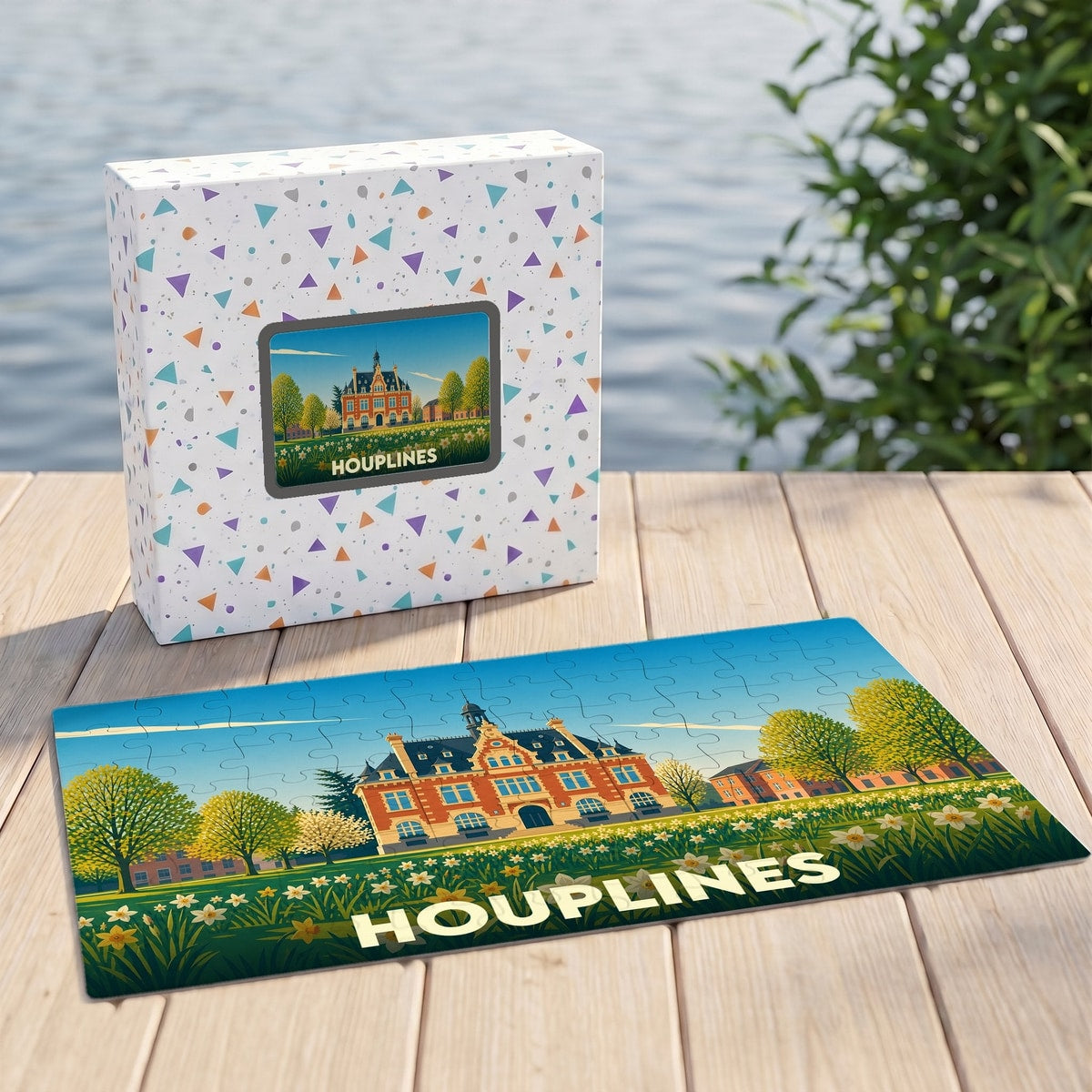 Puzzle souvenir de la ville de Houplines illustrant son hôtel de ville dans un style graphique coloré.