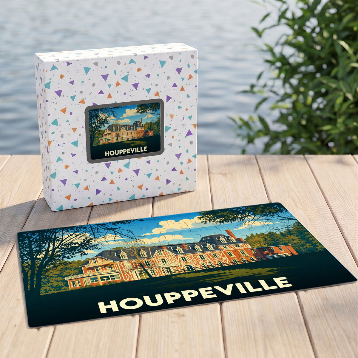Puzzle souvenir de la ville de Houppeville avec une illustration stylisée d'un grand manoir.