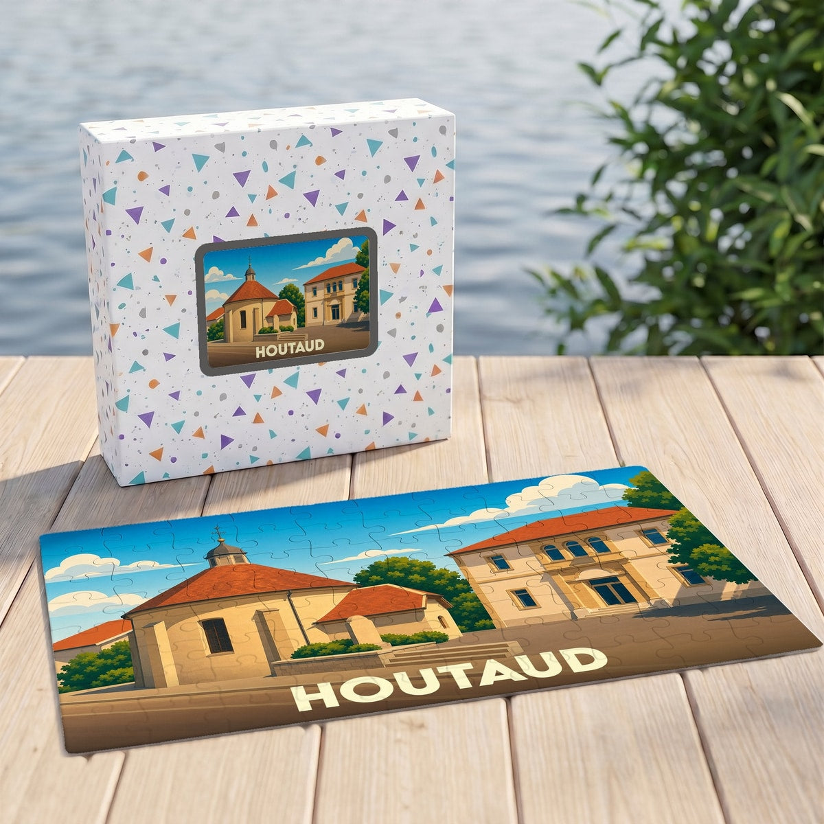 Puzzle souvenir de la ville de Houtaud avec une illustration stylisée de ses bâtiments emblématiques.