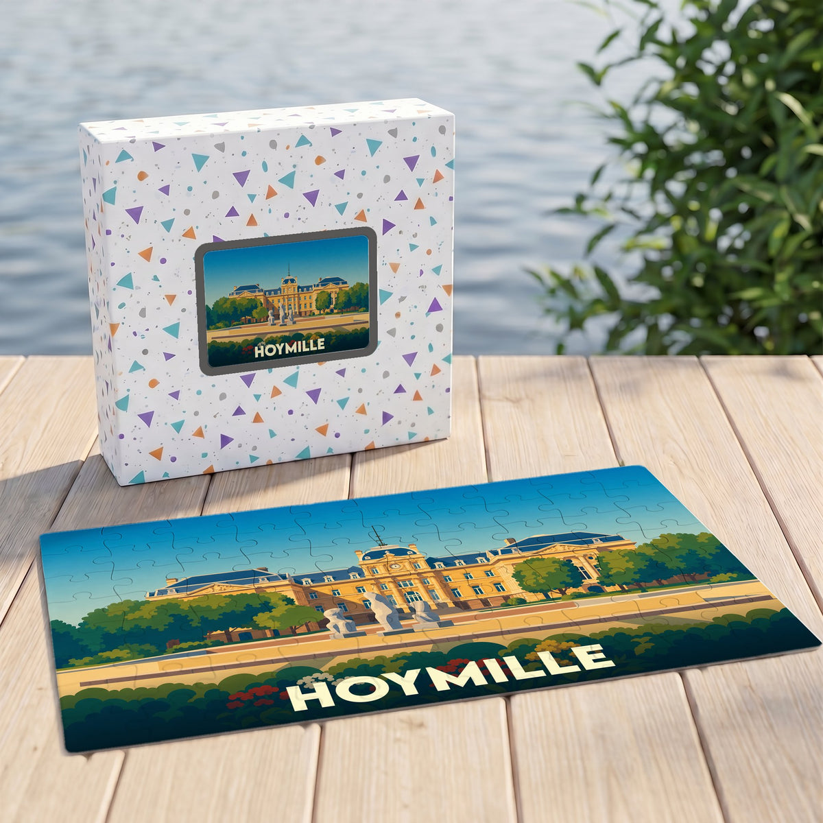 Puzzle souvenir de la ville de Hoymille avec une illustration stylisée d'un palais.