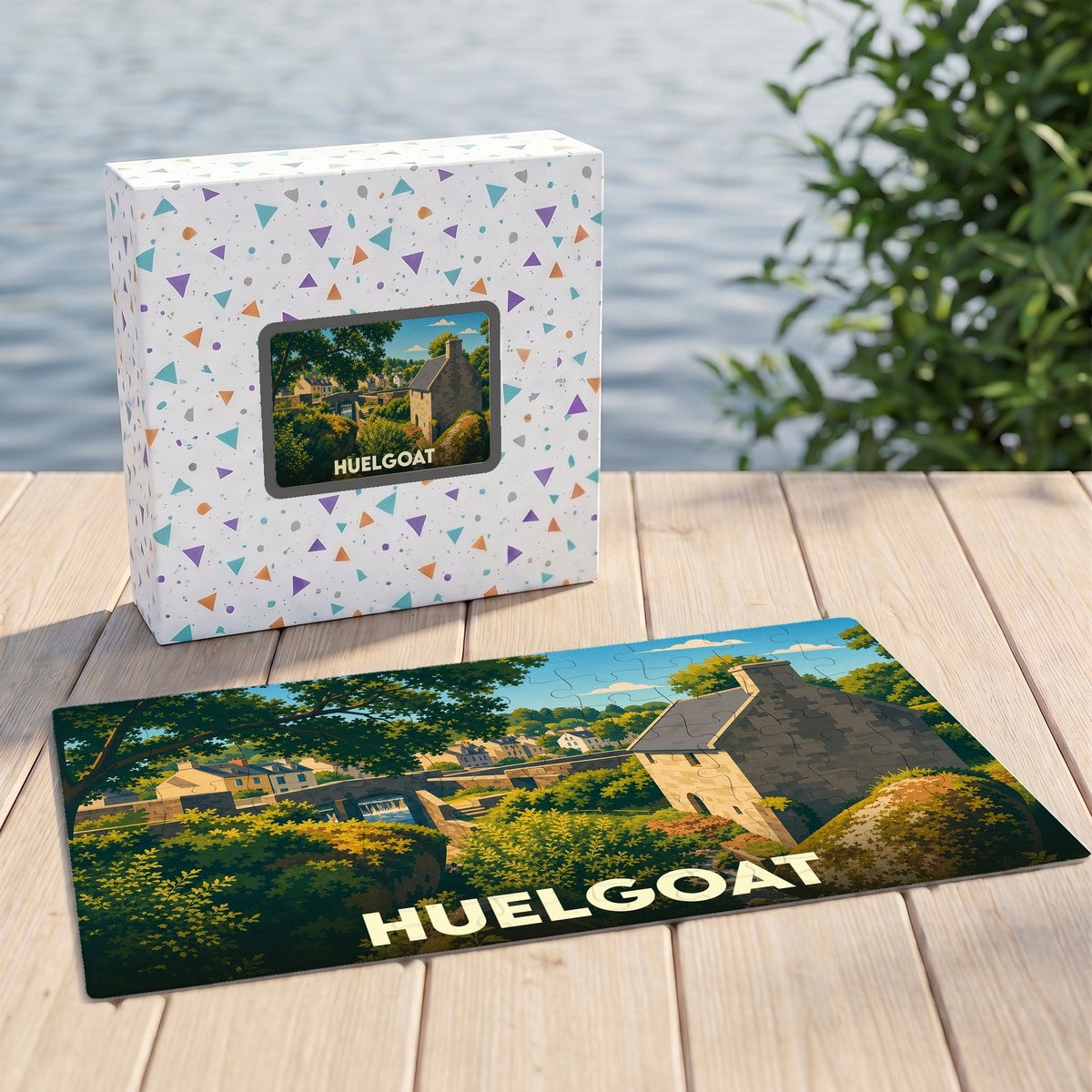 Puzzle souvenir de la ville de Huelgoat présentant une illustration stylisée de son paysage et de ses bâtisses en pierre.