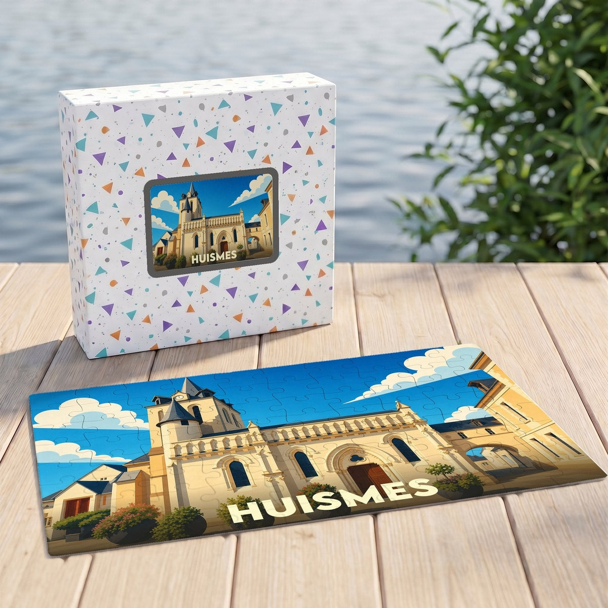 Puzzle souvenir de la ville de Huismes avec une illustration stylisée d'un bâtiment historique.